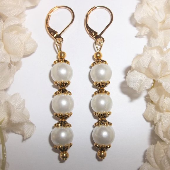 wvluckygirl Jewelry White Faux Pearl Earring Gold Set Pair Dangle Drop Long Beaded Jewelry